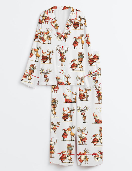 Women’s Santa And Reindeer Christmas Festive Holiday Long Sleeve Satin Pajama Set