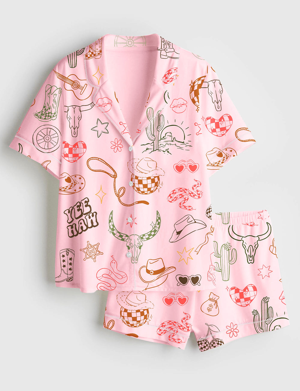 Women’s Western Cowgirl Bachelorette Hand-Drawn Wild West Disco Print Short Sleeve Satin Pajama Set