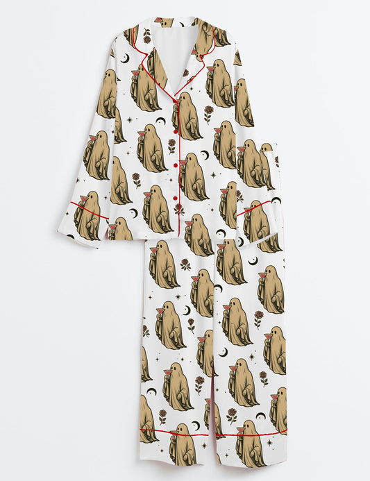 Women’s Halloween Ghost Cocktail Cosmopolitan Long Sleeve Satin Pajama Set