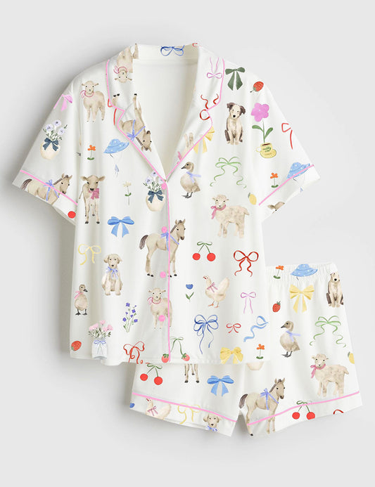 Women’s Watercolor Bow Cottagecore Whimsical Wedding Ducks Florals Cherries Lemons Lace Print Short Sleeve Satin Pajama Set