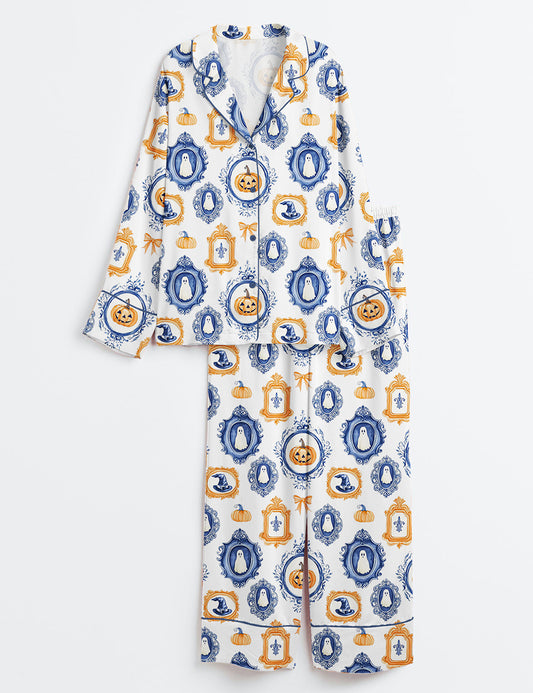 Women’s Autumn Preppy Halloween Fall Pumpkin Spice Spooky Ghost Print Long Sleeve Satin Pajama Set