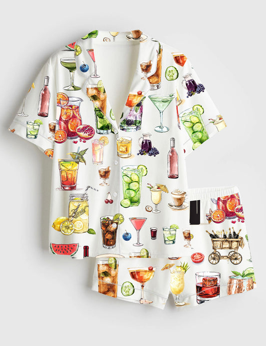 Women’s Watercolor Cocktail Aperol Spritz Margarita Old Fashioned Short Sleeve Satin Pajama Set