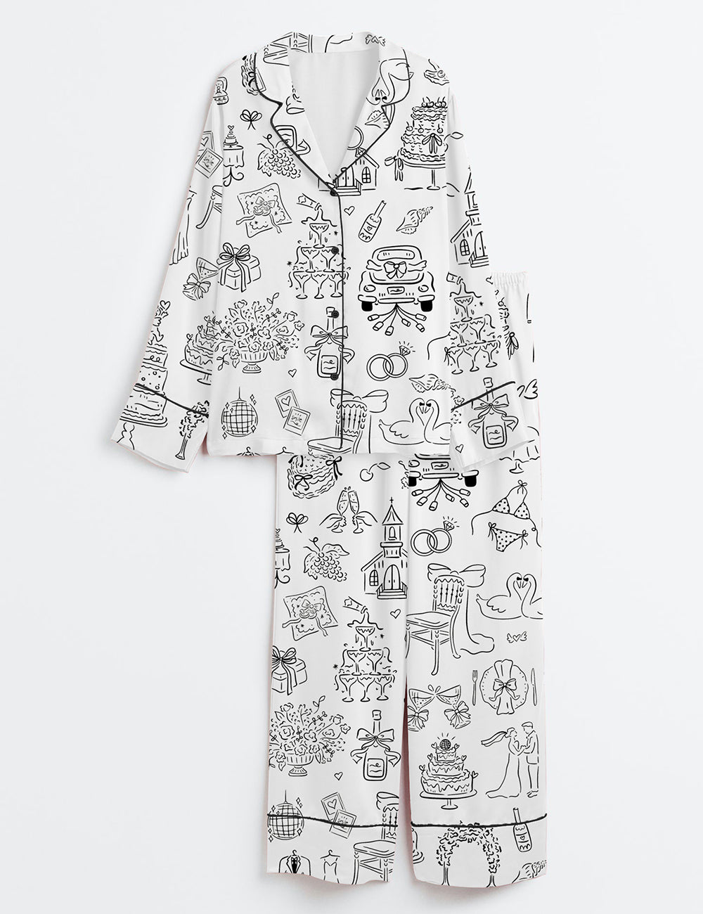 Women’s Hand Drawn Whimsical Wedding Illustrations Long Sleeve Satin Pajama Set