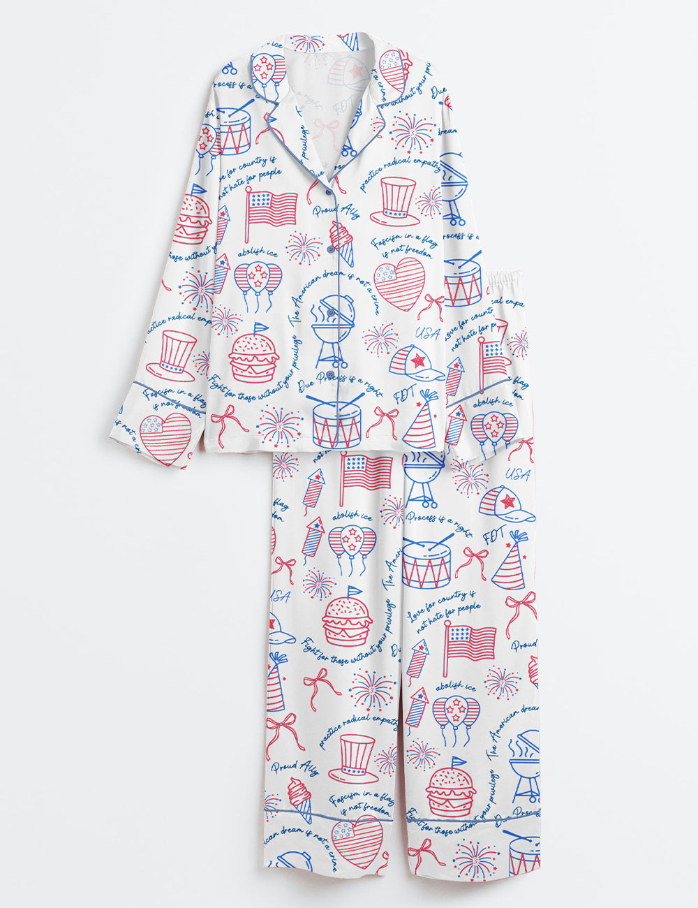 Women’s Liberal Fourth Of July Liberal Patriotic Secret Subtle Message American FDT Print Long Sleeve Satin Pajama Set