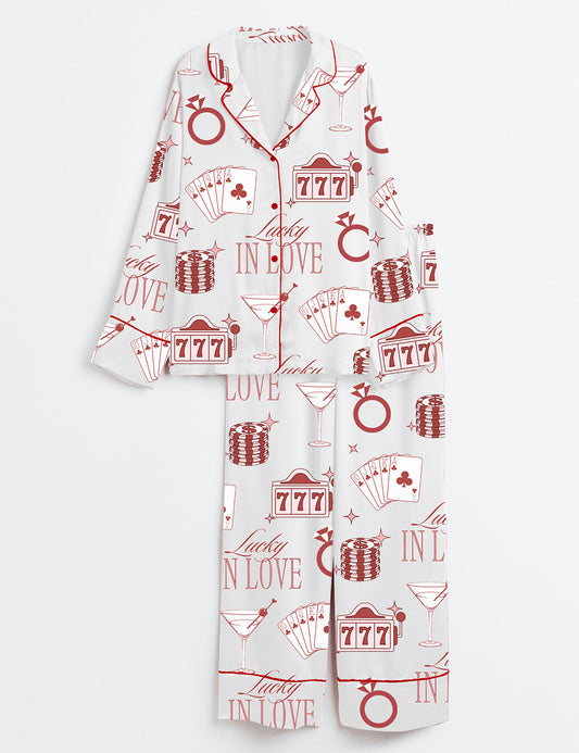 Women’s Lucky In Love Bachelorette Casino Bachelorette Party Los Vegas Bachelorette Martini Print Long Sleeve Satin Pajama Set