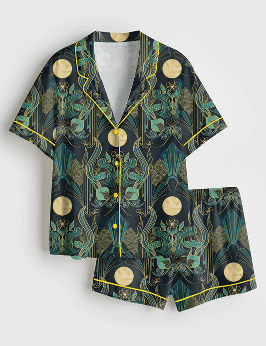 Women’s Mermaid In Moonlight Short Sleeve Satin Pajama Set