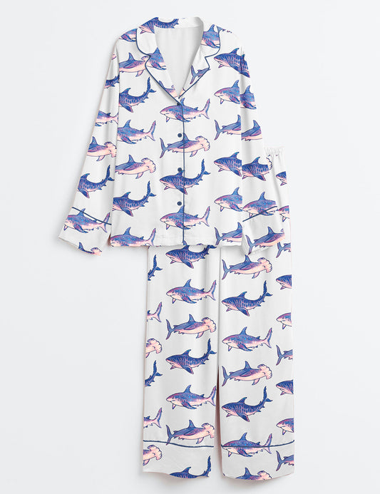 Women’s Shark Tiger Hammerhead Reef Shark Long Sleeve Satin Pajama Set