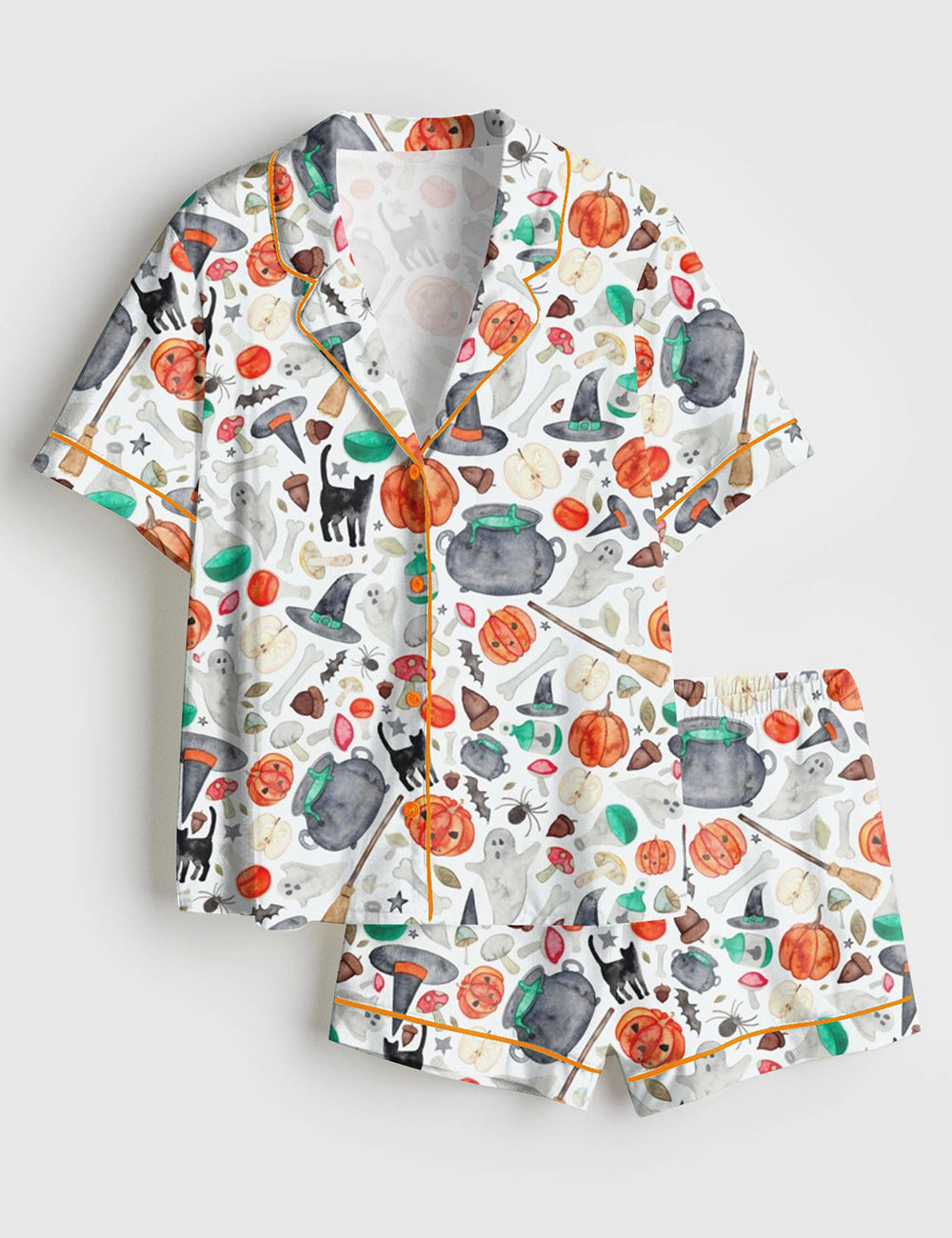 Women’s Halloween Autumn Ghost Pumpkin Cat Broom Short Sleeve Satin Pajama Set
