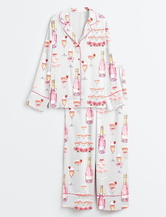 Women’s Pink Champagne Bridal Shower Champagne Tower Celebration Long Sleeve Satin Pajama Set