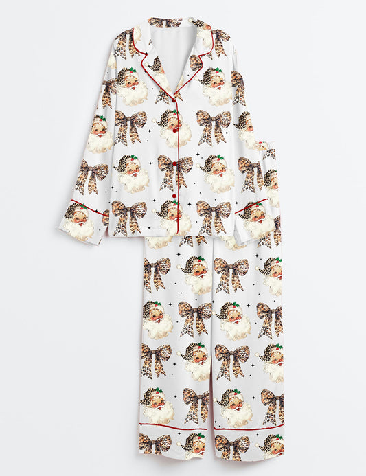 Women’s Leopard Santa Claus Coquette Christmas Long Sleeve Satin Pajama Set