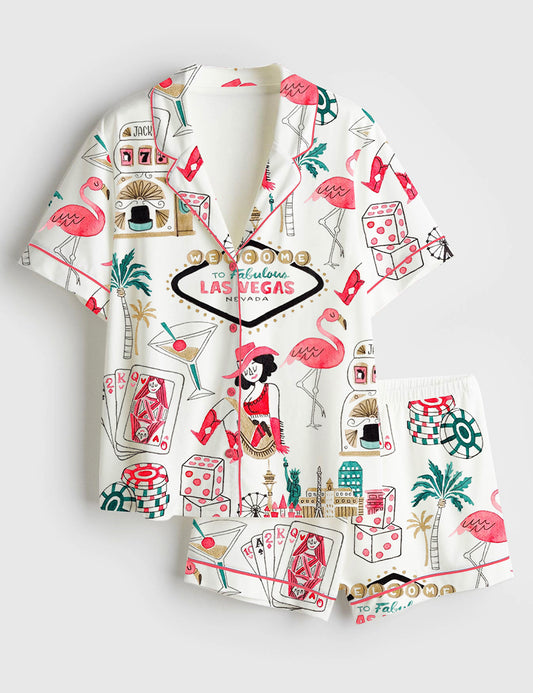 Women’s Las Vegas Watercolor Gambling Casino Nevada City Skyline Dice Slot Machine Print Short Sleeve Satin Pajama Set