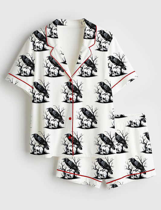 Women’s F-Caw-F Funny Raven Retro Crow Gothic Crow Art Black Crow Short Sleeve Satin Pajama Set