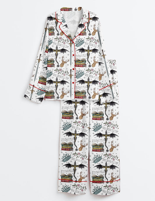 Women’s Fourth Wing Dragon Fantasy Wing Bookish Reading Long Sleeve Satin Pajama Set