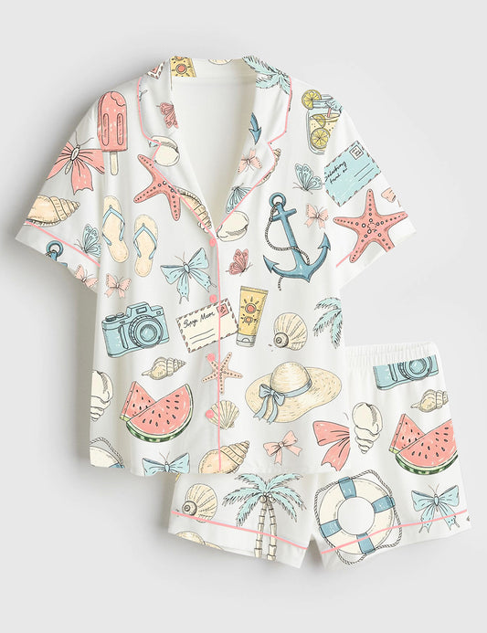 Women’s Coastal Coquette Seashell Summer Vibes Beach Print Short Sleeve Satin Pajama Set