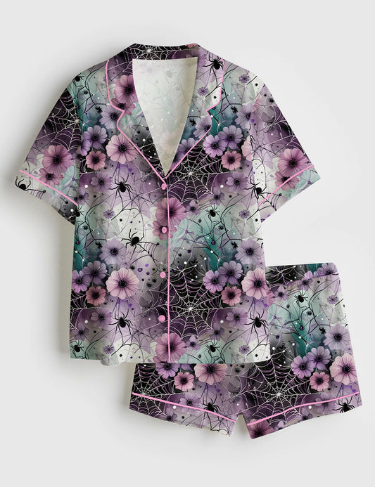 Women’s Girly Spooky Spider Halloween Short Sleeve Satin Pajama Set
