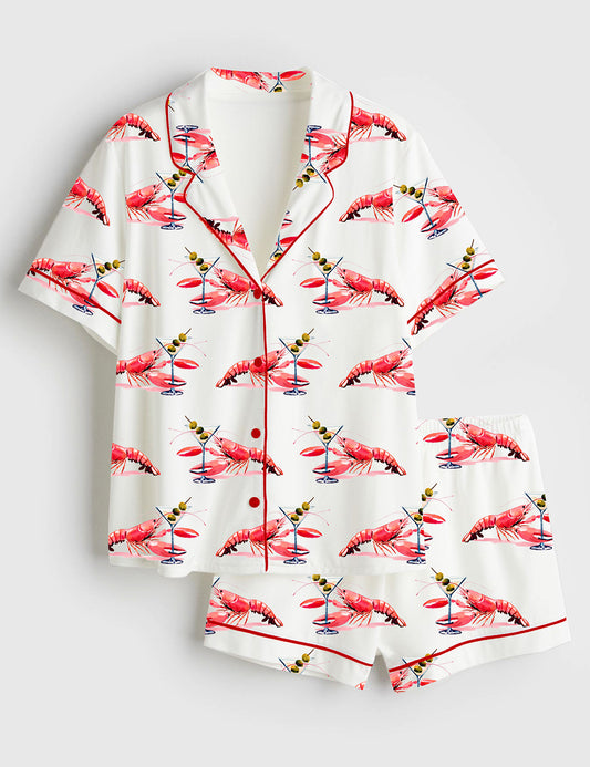 Women’s Lobster Martini Coastal Beach Short Sleeve Satin Pajama Set