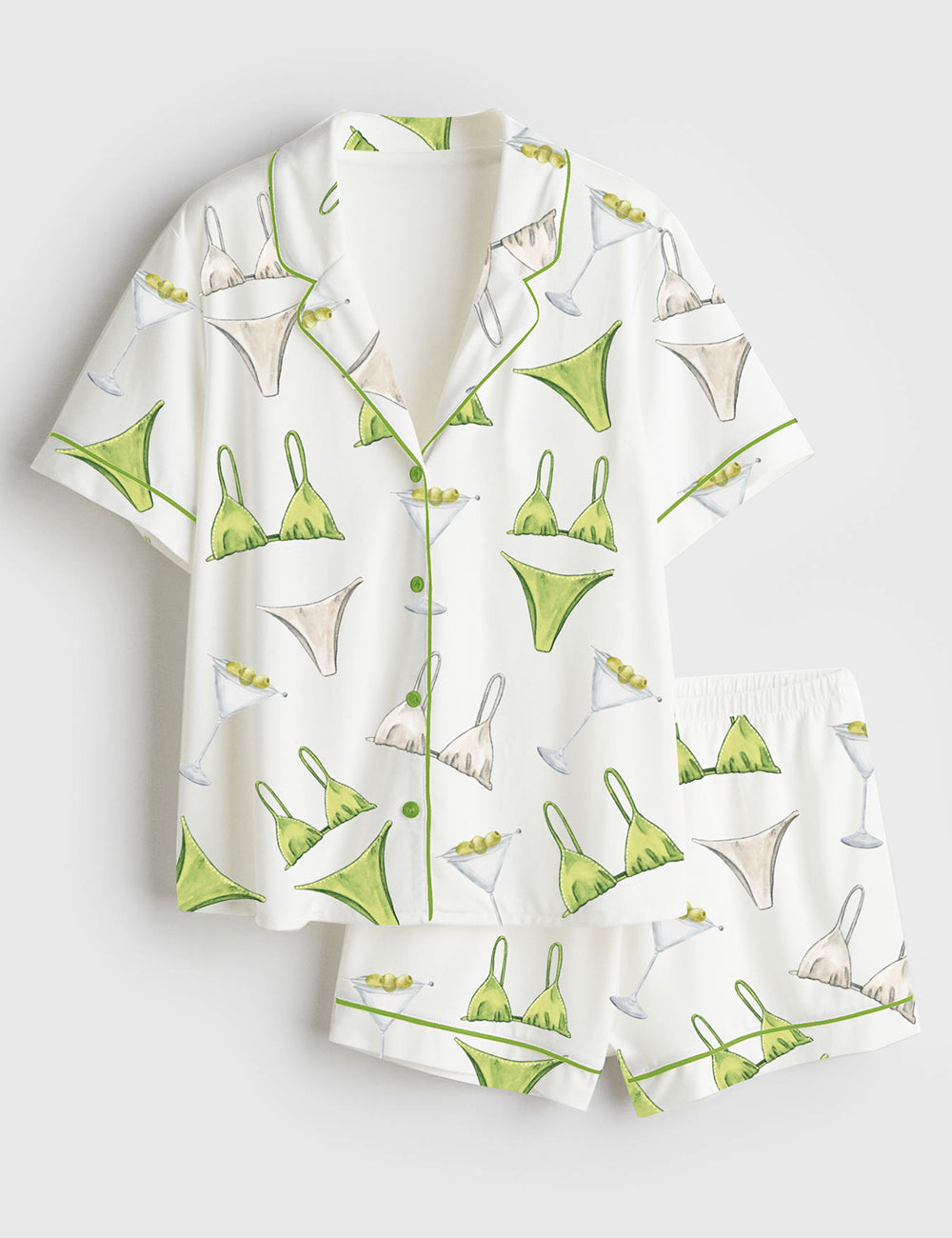 Women’s Bikinis And Martinis Bachelorette Dirty Martini Print Short Sleeve Satin Pajama Set