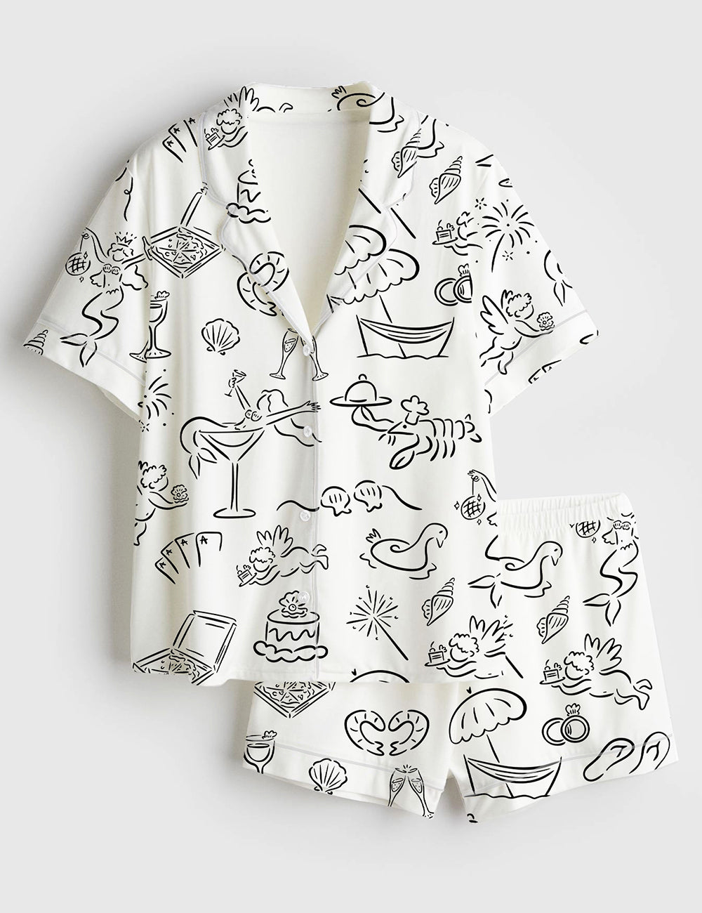 Women’s Hand Drawn Beach Bachelorette Whimsical Coastal Bachelorette Summer Beach Print Short Sleeve Satin Pajama Set
