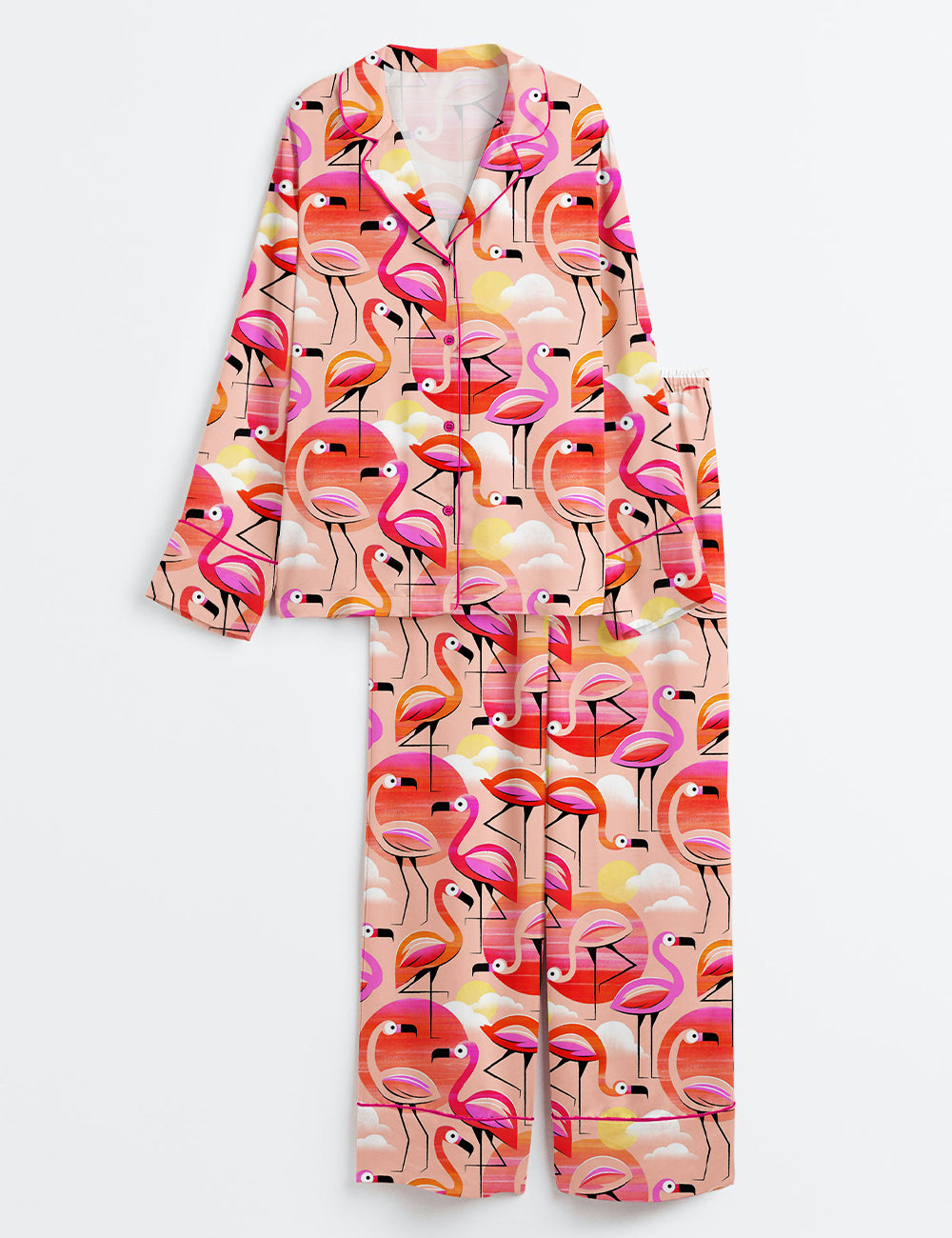 Women's Pink Flamingo Long Sleeve Satin Pajama Set