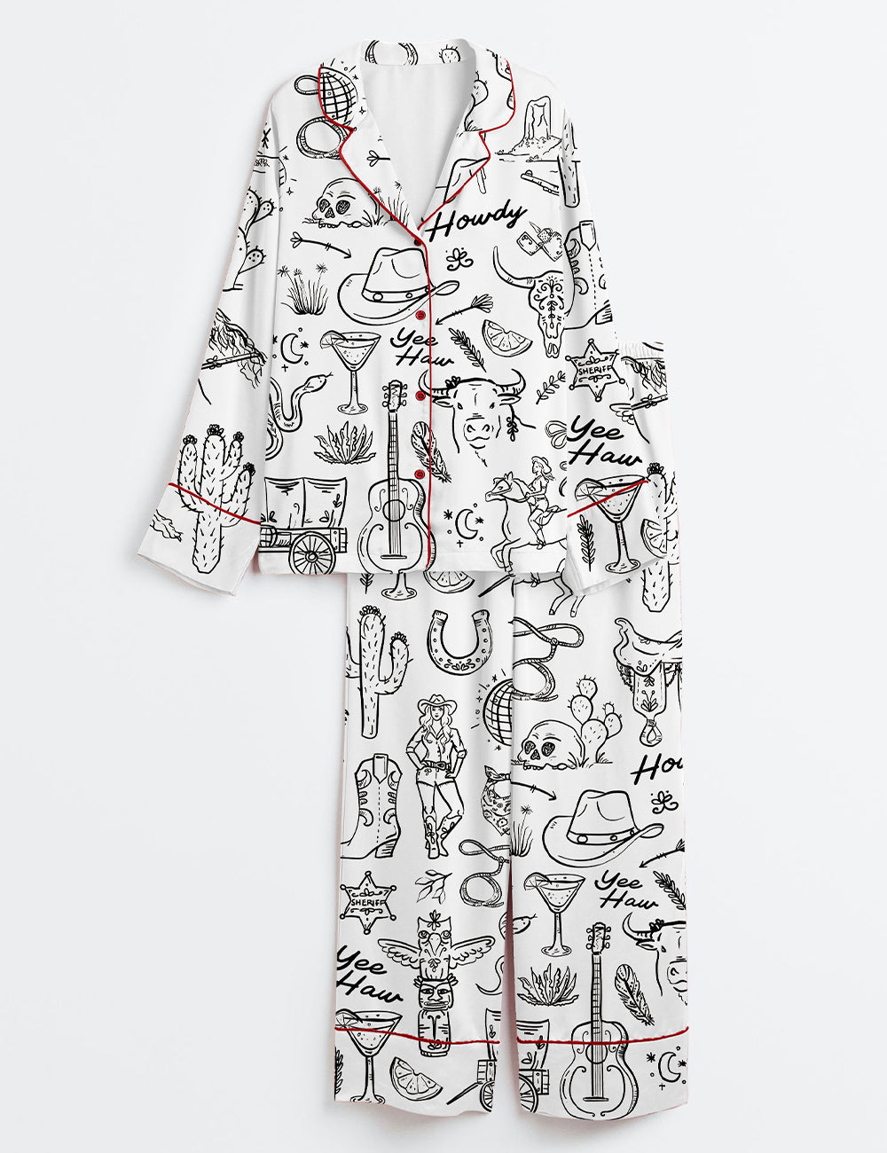 Women’s Cowgirl Whimsical Style Hand Drawn Western Bachelorette Party Long Sleeve Satin Pajama Set