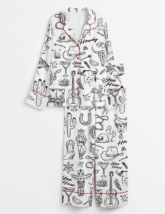 Women’s Cowgirl Whimsical Style Hand Drawn Western Bachelorette Party Long Sleeve Satin Pajama Set