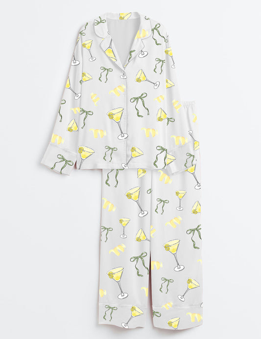 Women’s Coquette Bow Lemon Drop Martini Long Sleeve Satin Pajama Set