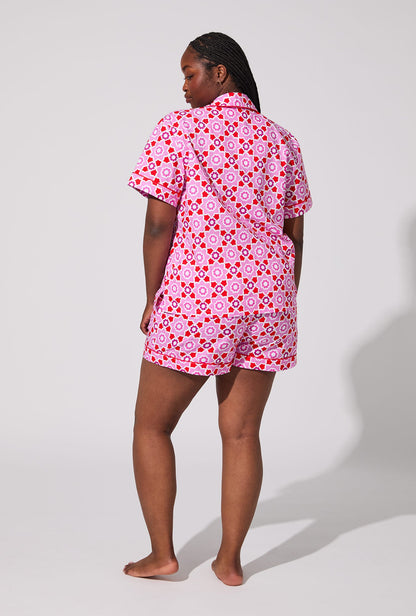 BedHead X Trina Turk Mosaic Tile Short Sleeve Classic Shorty Woven Cotton Poplin PJ Set