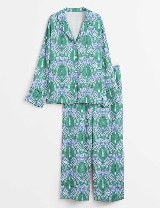 Women’s Palm Trees Green Springs Palm Summer Beach Layered Palm Print Long Sleeve Satin Pajama Set