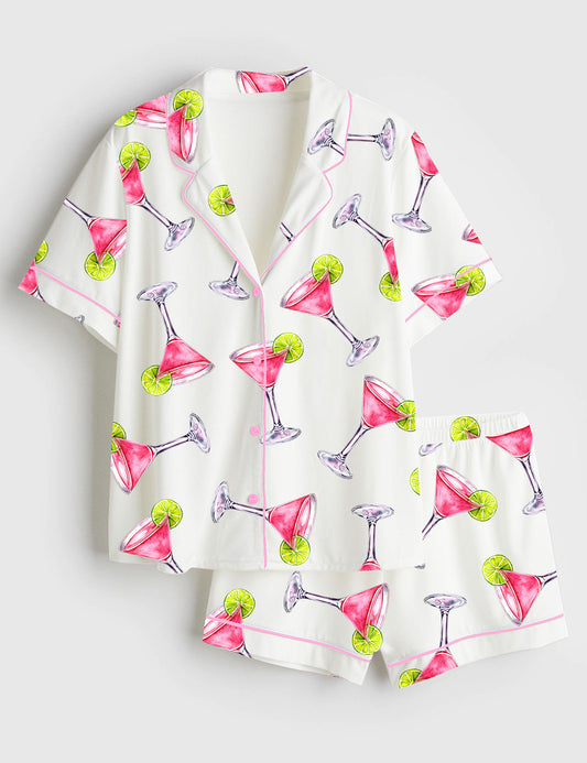 Women’s Pink Cosmopolitan Cocktail Cosmo Drink Weddings & Parties Short Sleeve Satin Pajama Set