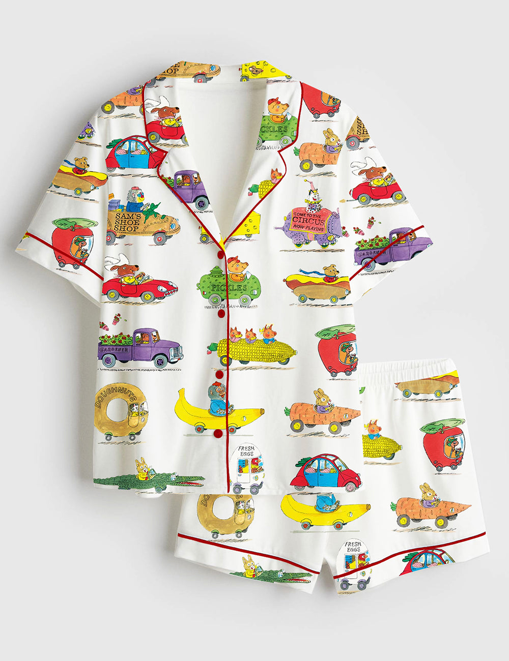 Women’s Various Animals Riding Cars Banana Car Corn Car Carrot Car Pig Monkey Rabbit Cheese Donut Pickles Short Sleeve Satin Pajama Set