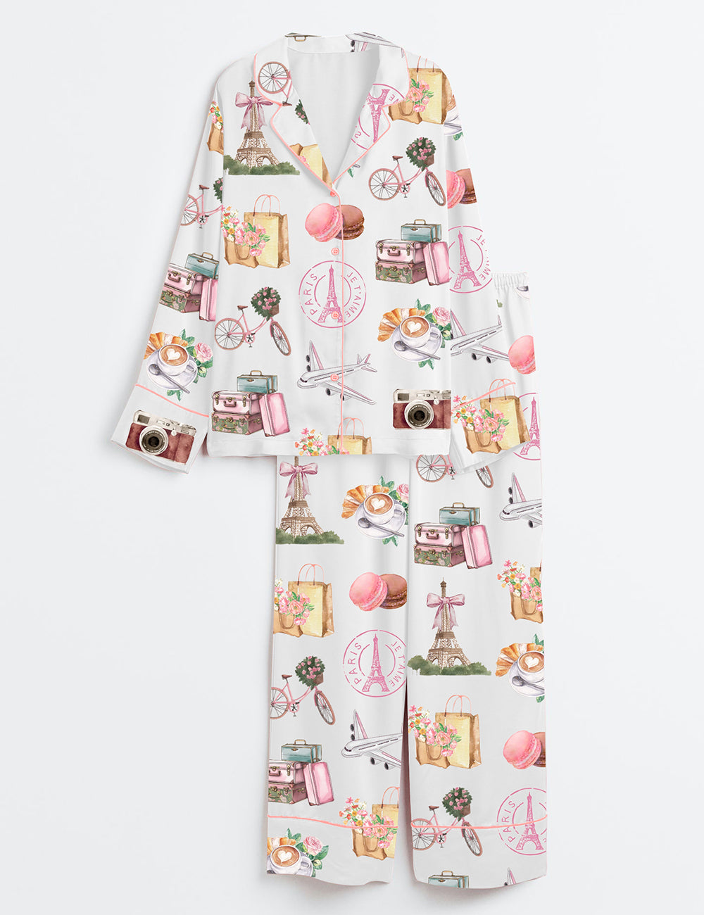 Women’s Paris France Girls Trip Family Vacation Summer Travel Long Sleeve Satin Pajama Set