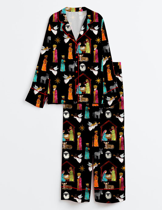 Women’s Nativity Christmas Long Sleeve Satin Pajama Set