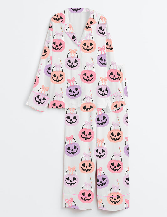 Women’s Pink Pumpkin Pails Bohemian Halloween Jack O Lantern Long Sleeve Satin Pajama Set