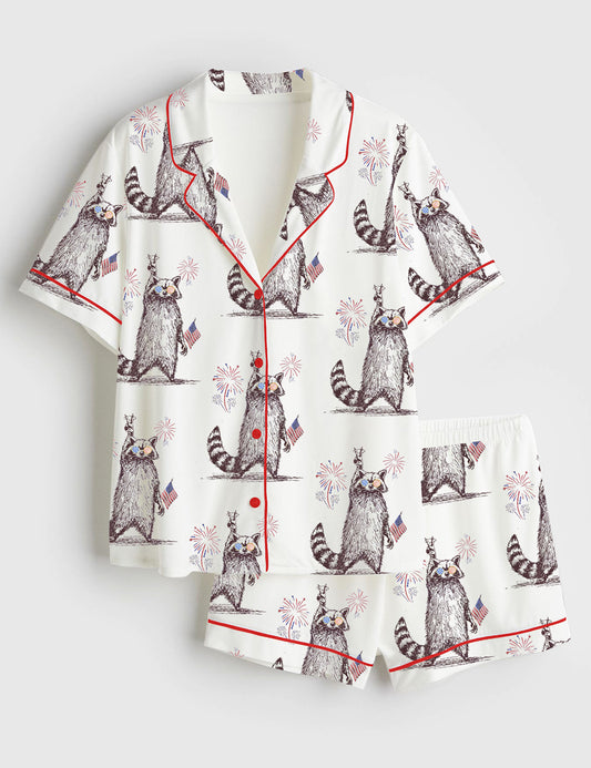 Women’s Feral But Free Fireworks Summer Raccoon 4th Of July Print Short Sleeve Satin Pajama Set