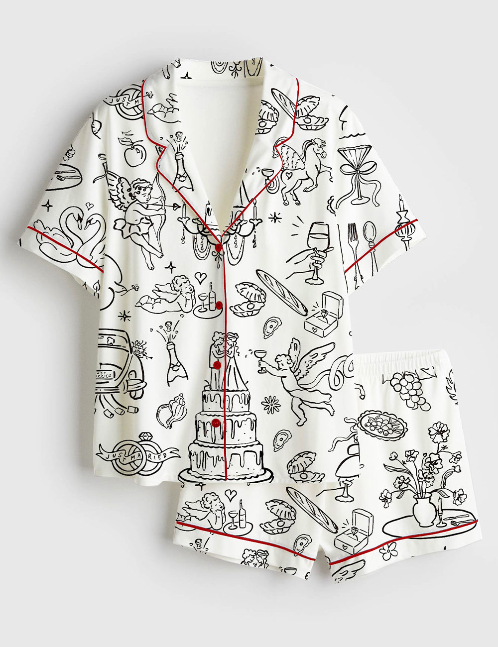 Women’s Hand Drawn Whimsical Wedding Print Short Sleeve Satin Pajama Set