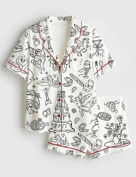 Women’s Hand Drawn Whimsical Wedding Print Short Sleeve Satin Pajama Set
