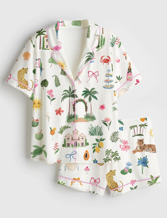 Women’s Summer Beach Watercolor Whimsical Coastal Icons Palm Tree Wedding Party Print Short Sleeve Satin Pajama Set