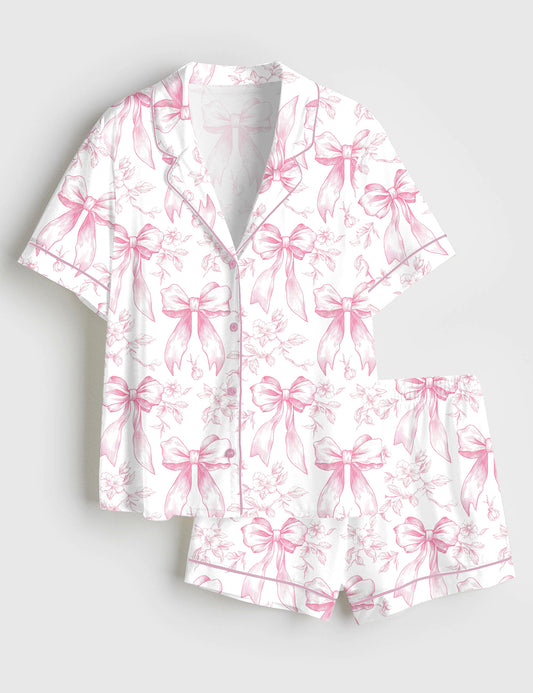 Women’s Pink Chinoiserie Coquette Bow Floral Short Sleeve Satin Pajama Set