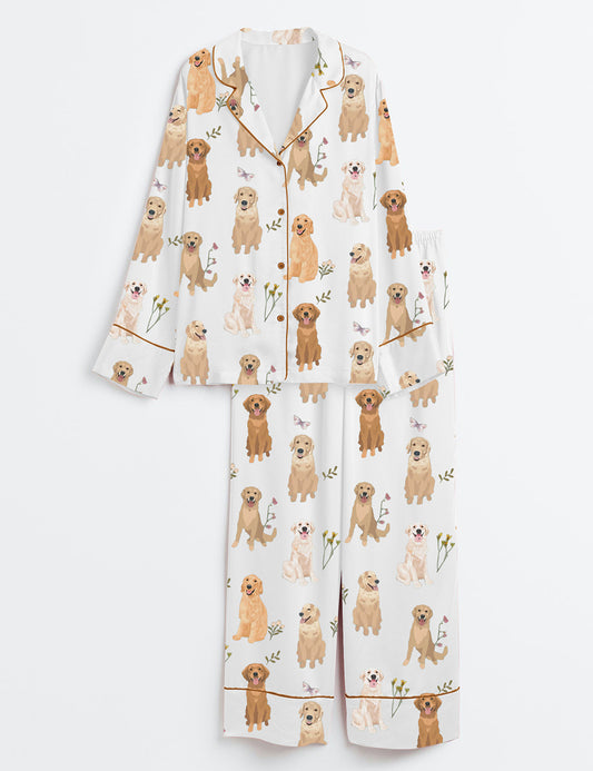Women’s Golden Retriever Cottagecore Long Sleeve Satin Pajama Set
