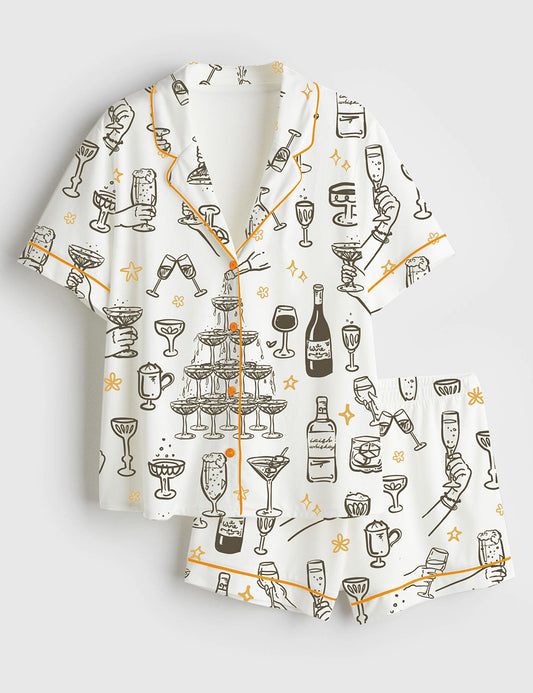 Women’s Whimsical Cheers Drinks And Cocktails Chamagne Tower Raised Glasses Short Sleeve Satin Pajama Set