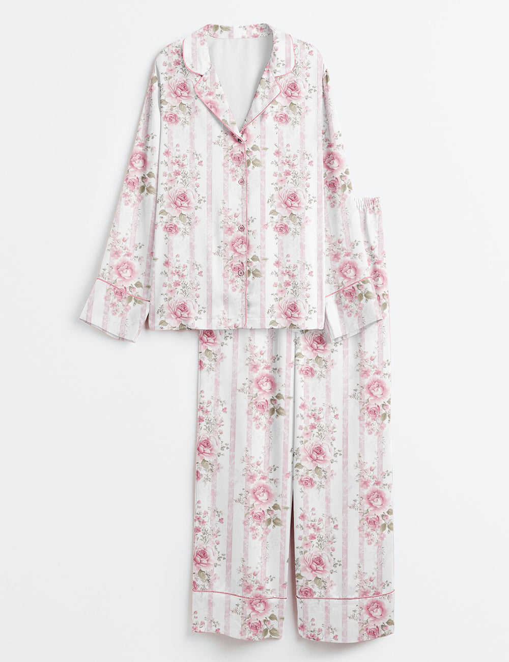 Women’s Pink Floral Stripe Wedding Long Sleeve Satin Pajama Set