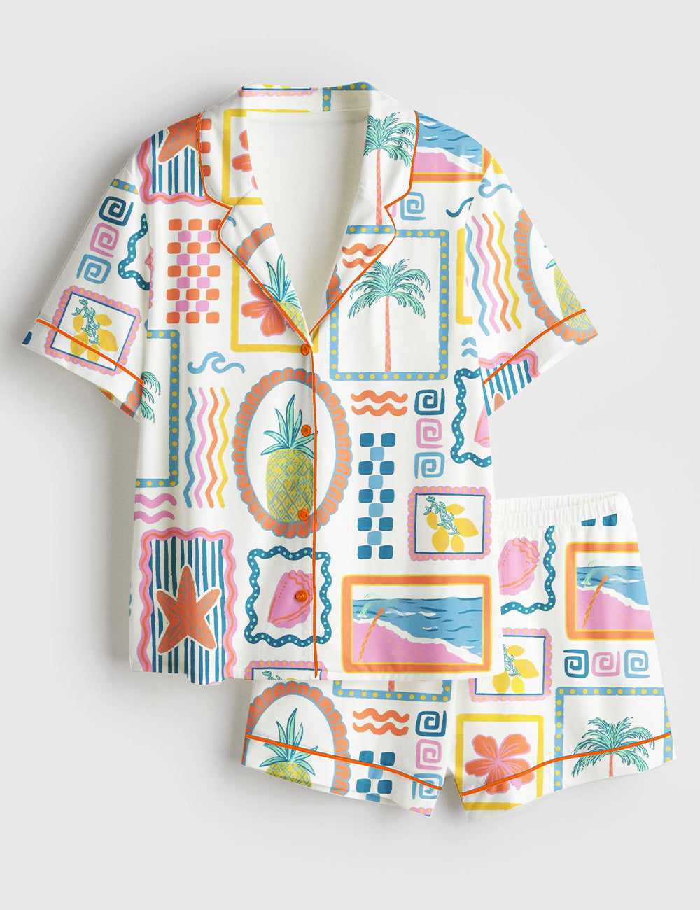 Women’s Trendy Beach Patchwork Summer Seashells Girly Summer Print Short Sleeve Satin Pajama Set