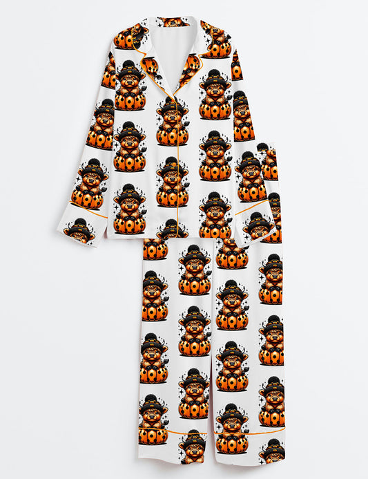 Women’s Cute Highland Cow Halloween Pumpkin Spooky Season Long Sleeve Satin Pajama Set