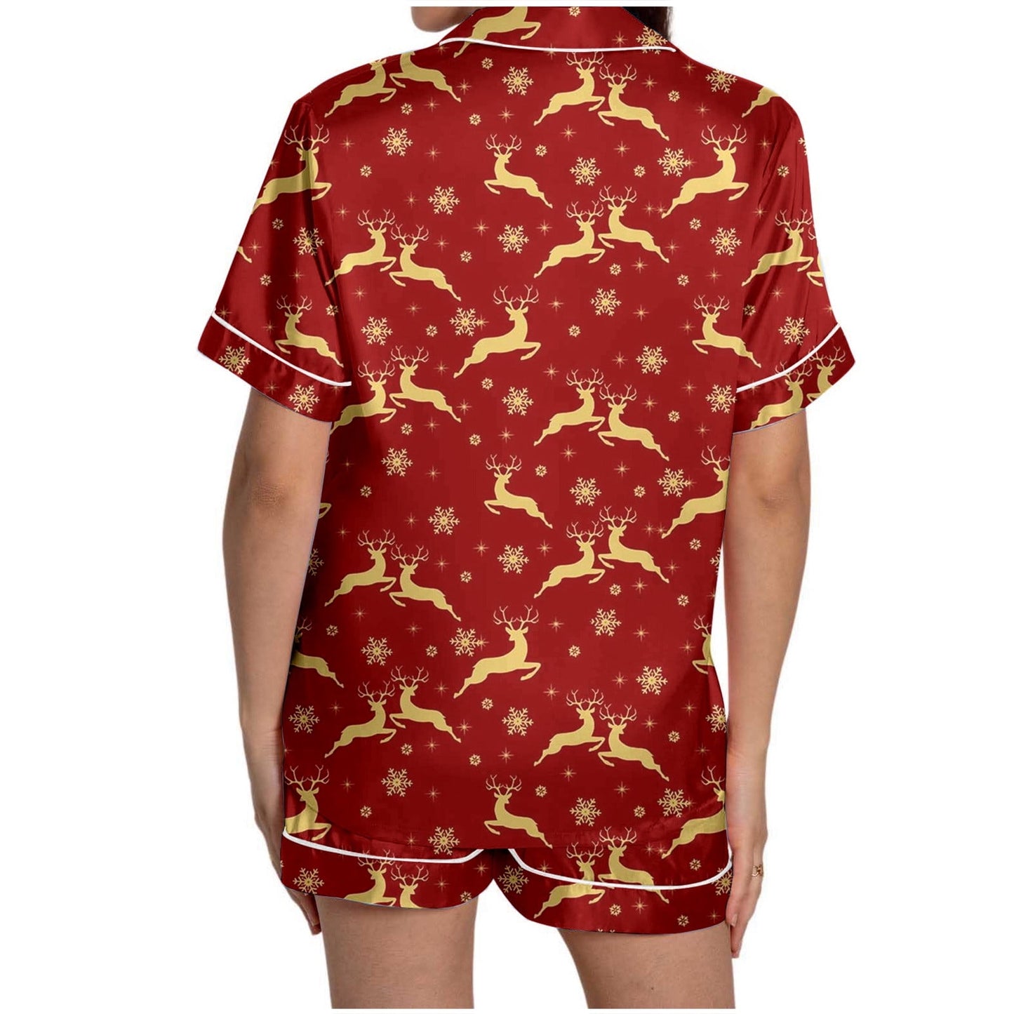 Womens Pajama Sets Ladies Christmas Reindeer Print Silk Satin Short Sleeved Button Up Set Wine Women's Sleepwear L