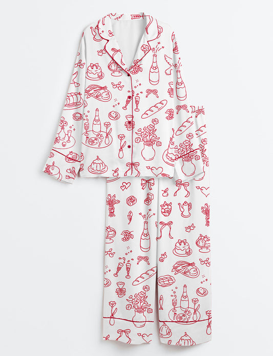 Women's Hand Drawn Wedding Long Sleeve Satin Pajama Set