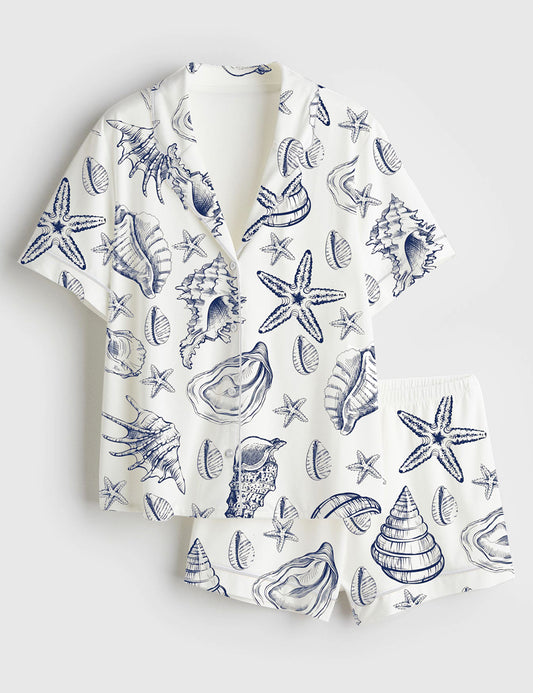 Women’s Vintage Seashell Coastal Aesthetic Summer Beach Vibes Print Short Sleeve Satin Pajama Set