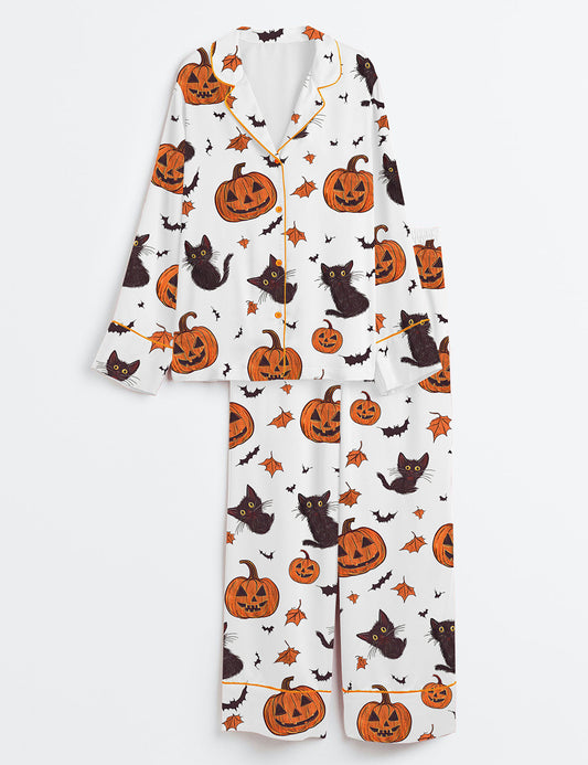 Women’s Halloween Pumpkin Cat Long Sleeve Satin Pajama Set