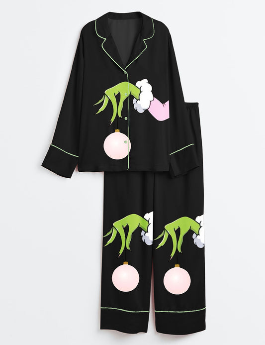 Men's Pink Christmas Grinch Long Sleeve Satin Family Pajama Set