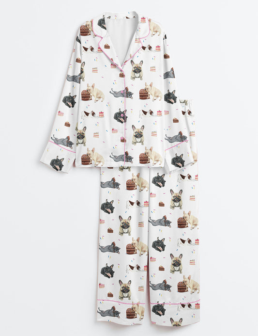 Women’s French Bulldog Birthday Gift Birthday Cake Cute French Bulldog Print Long Sleeve Satin Pajama Set