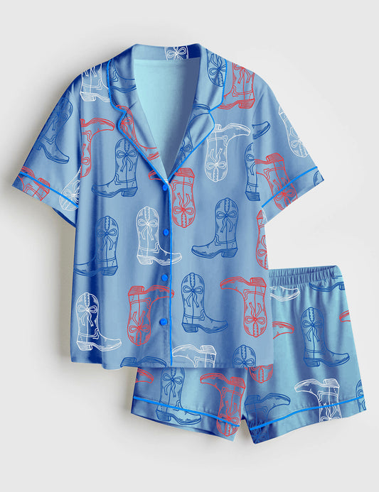 Women’s Red White Blue Cowgirl Boots Western 4th Of July Print Short Sleeve Satin Pajama Set